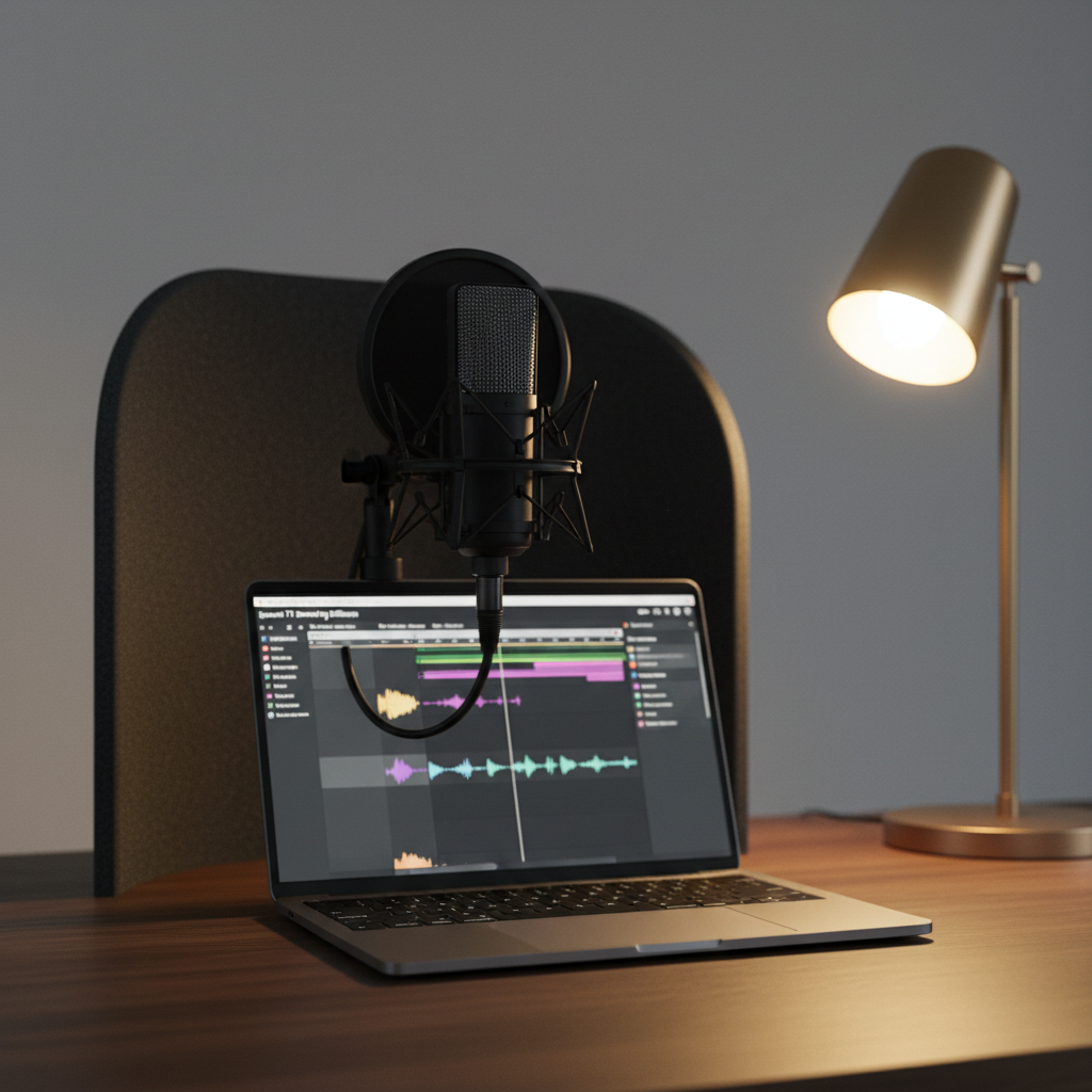 A minimalist podcast recording setup dedicated to marketing insights: a matte black condenser microphone on a shock mount, positioned in front of a charcoal foam isolation shield, with a sleek laptop displaying an audio editing timeline and episode outline. The gear rests on a dark walnut desk against a neutral gray backdrop. A single warm desk lamp to the right casts a focused pool of light, creating dramatic side lighting with soft falloff and subtle reflections on the metal mic grille. Photographic realism with a cinematic, low-angle close-up composition and shallow depth of field, drawing attention to the microphone while the laptop interface gently blurs, evoking an intimate, authoritative atmosphere for sharing branding stories and campaign breakdowns.
