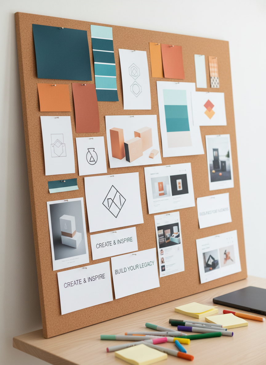 A large cork vision board covered with carefully pinned brand mood elements: color swatches in rich teals and warm oranges, logo sketches on smooth white cardstock, printed taglines in clean sans-serif fonts, and glossy photo references of packaging and digital layouts. The board leans against a white wall above a light wood table holding open markers, sticky notes, and a closed tablet. Soft, diffused overcast daylight enters from the left, creating gentle, even illumination with delicate shadows beneath the pins. Captured from a slightly elevated angle in photographic realism, with sharp focus on textures of paper and cork, the composition feels organized yet creative, embodying the process of building a personal brand strategy.